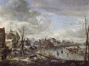 Aert van der Neer A Frozen River Near a Village,with Golfers and Skaters Spain oil painting artist